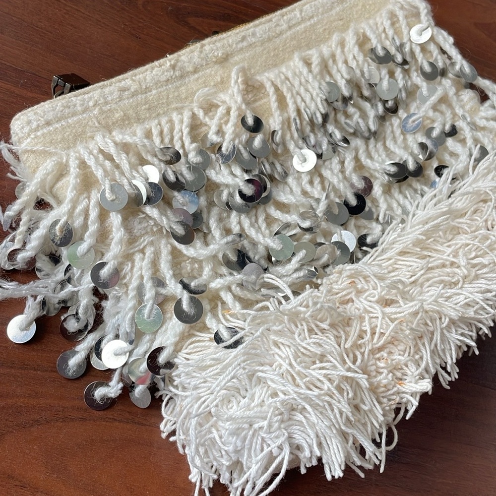 Morrocan wedding beige ivory white fringe Boho purse clutch top zipper